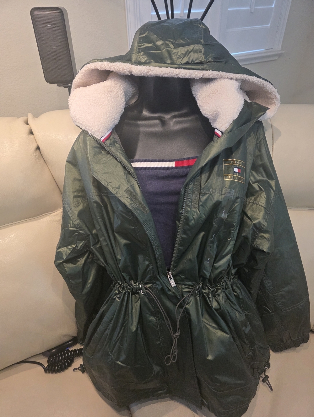 Tommy Hilfiger Dark Green Hooded Parka with Sherpa Lining On The Hood.